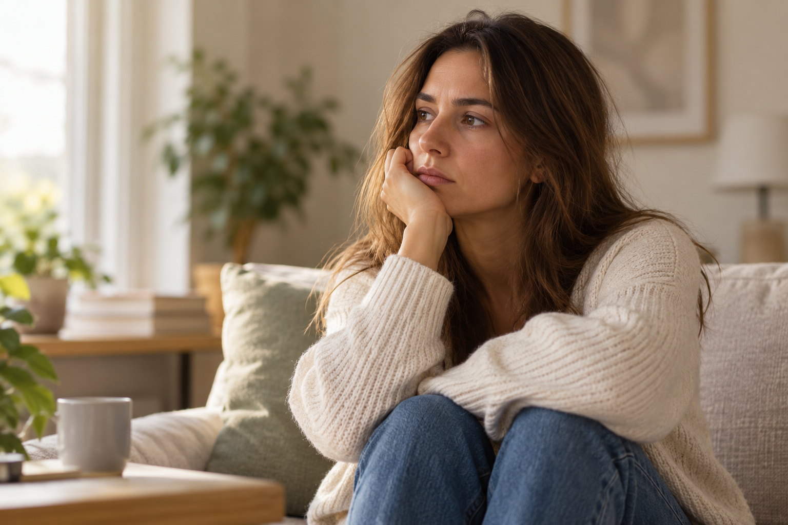 Mujer-pensativa-en-un-salon-acogedor-causas-de-la-ansiedad